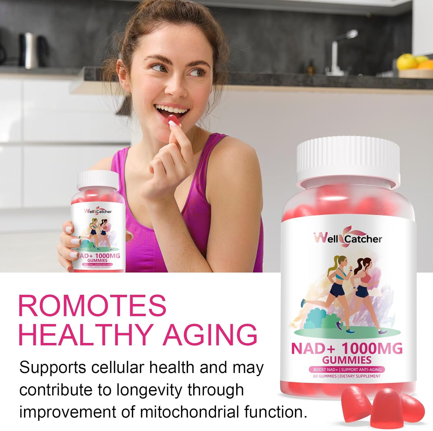 NAD+ Gummies Supplement for Women 1000MG - NAD Plus Gummies for Men Sugar Free Vitamin B3 Niacinamide Pure Organic Boosts NAD Level Anti-Aging Cell Regeneration Energy Brain Peach Flavor 60C