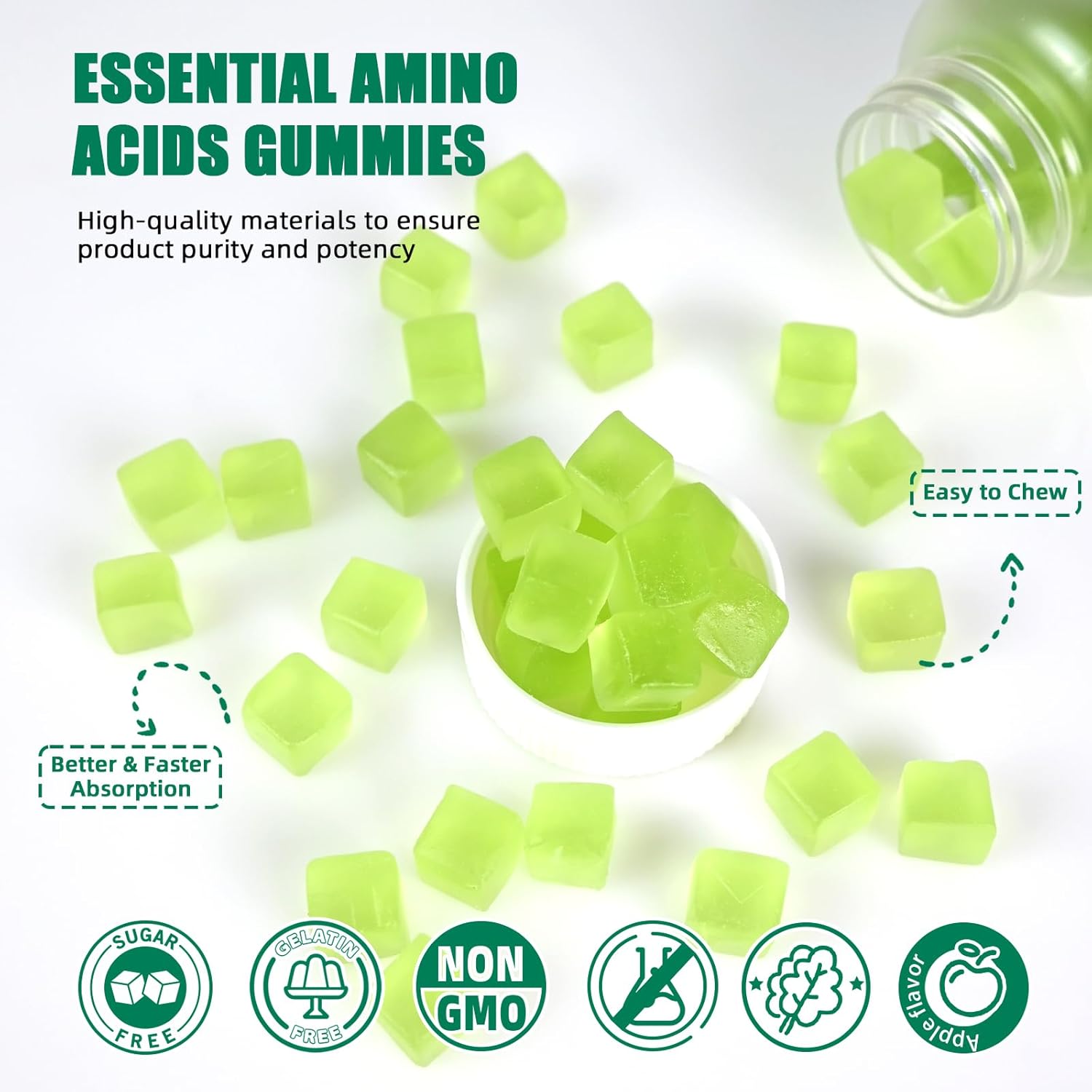 EAA Gummies Essential Amino Acids - 60 Days Supply All 9 Essential Aminos and All Branched-Chain Aminos (BCAAs) Sugar Free with Muscle Recovery Energy Support Non GMO Green Apple Flavor