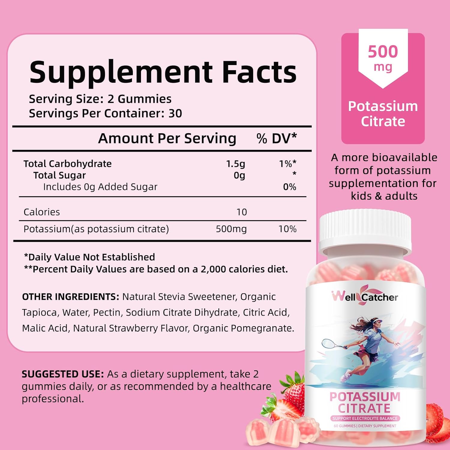 Potassium Gummies Supplement Men Women - High Potassium Citrate Gummies Sugar Free for Adults Kids Support Leg Cramps Electrolyte Balance Vegan Non-GMO Organic Strawberry Flavor 60 Counts
