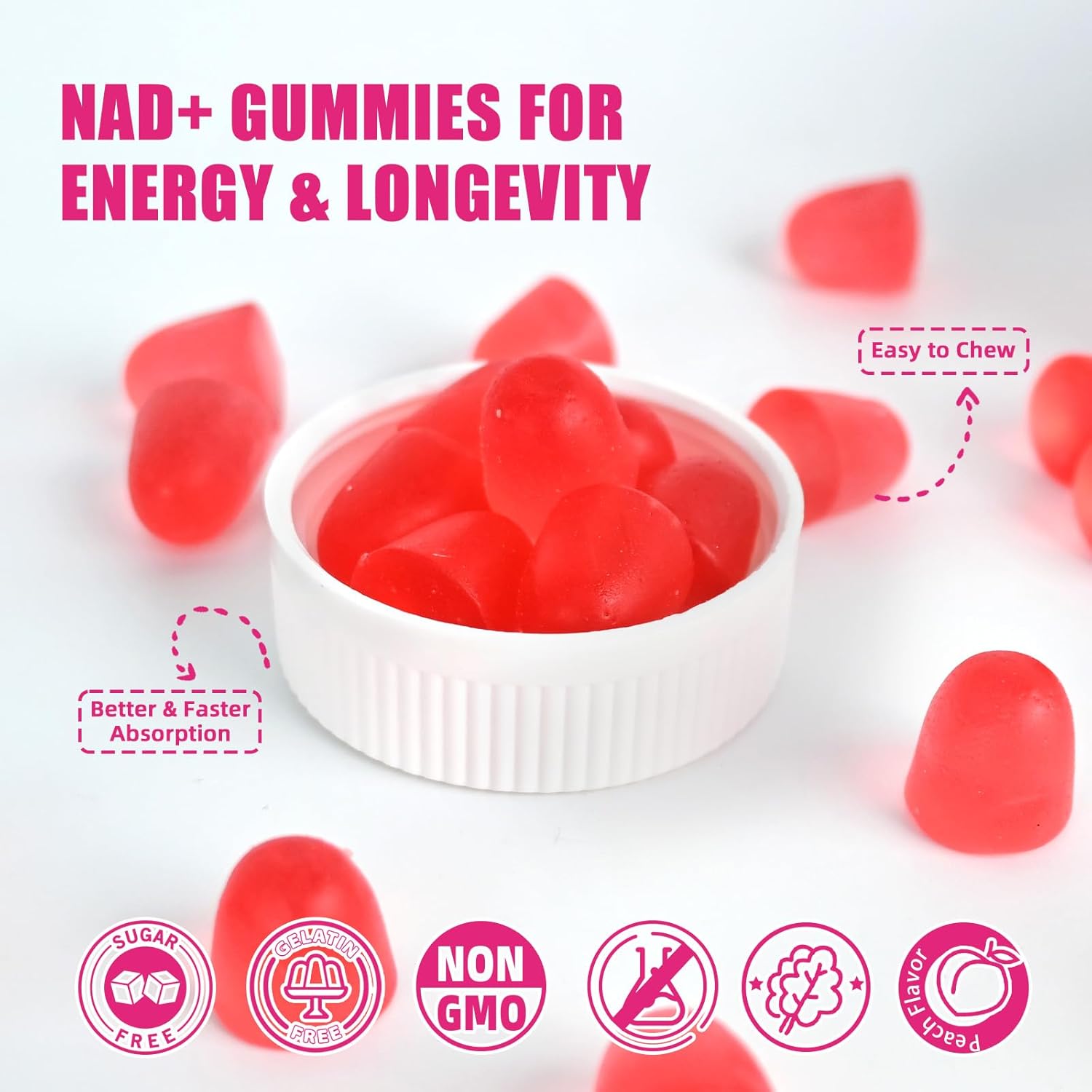 NAD+ Gummies Supplement for Women 1000MG - NAD Plus Gummies for Men Sugar Free Vitamin B3 Niacinamide Pure Organic Boosts NAD Level Anti-Aging Cell Regeneration Energy Brain Peach Flavor 60C