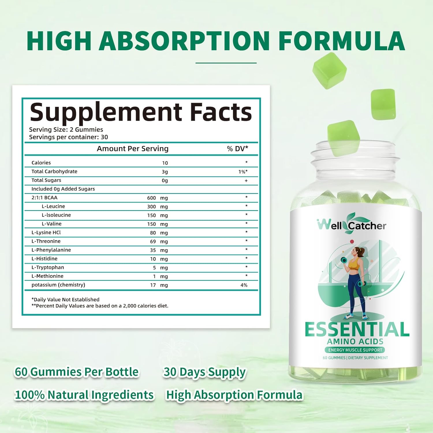 EAA Gummies Essential Amino Acids - 60 Days Supply All 9 Essential Aminos and All Branched-Chain Aminos (BCAAs) Sugar Free with Muscle Recovery Energy Support Non GMO Green Apple Flavor