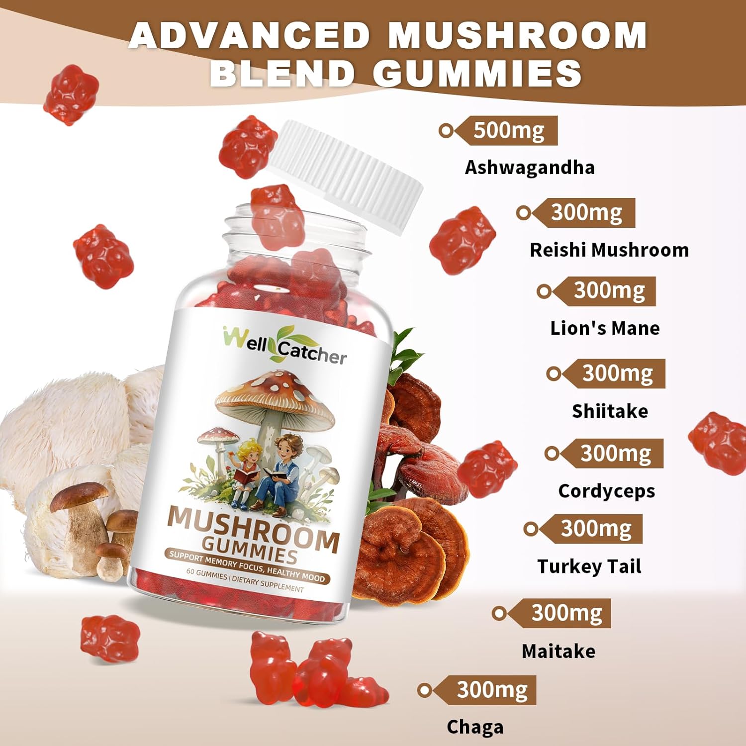 Mushroom Gummies Supplement with Ashwagandha - Lion Mane Mushroom Supplement for Adults Kids with Reishi Cordyceps Brain Supplements for Memory and Focus Organic Vegan Non GMO Mixed Fruit Flavor 60CT