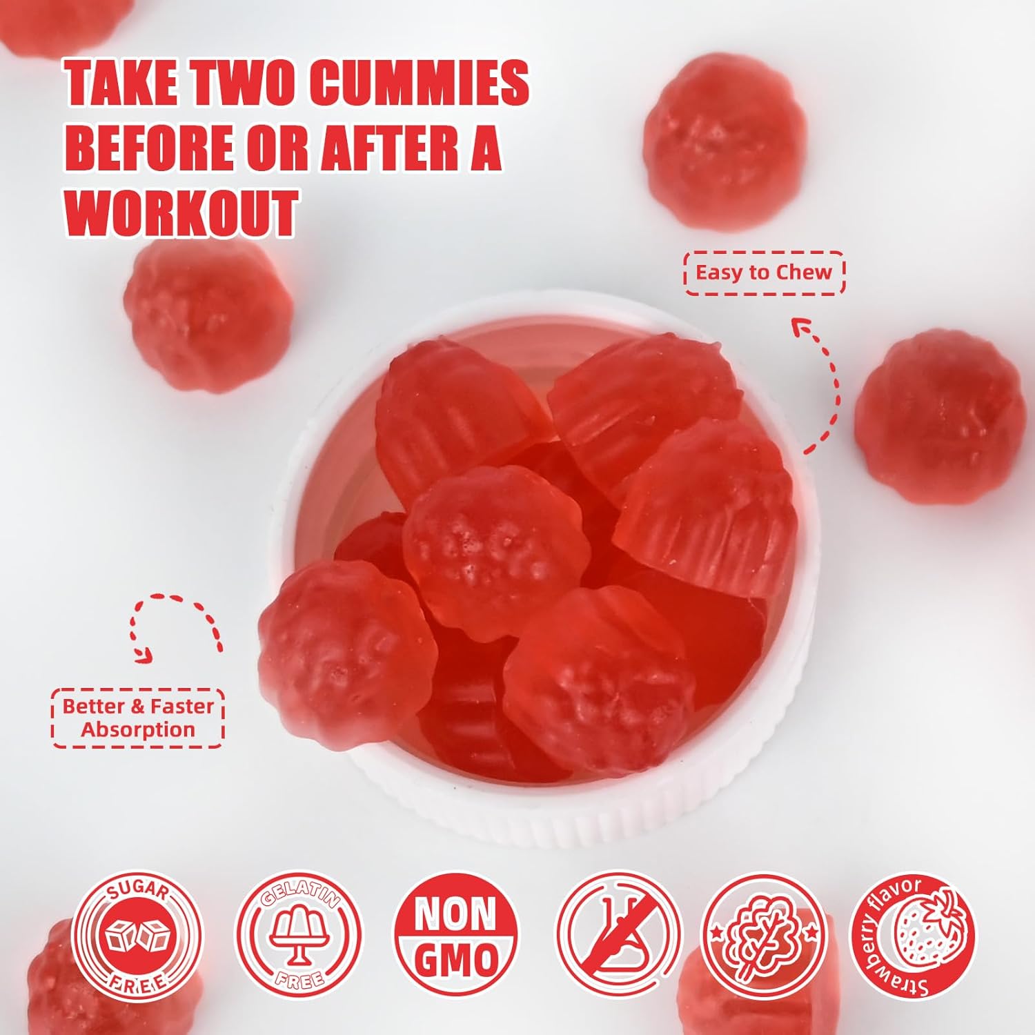 HMB and Leucine Gummies Supplements: HMB and Leucine Amino Acid for Men Women with L-Glutamine for Muscle Growth Fast Workout Recovery, Sugar Free Vegan Non-GMO Strawberry Flavored 30 Day Supply
