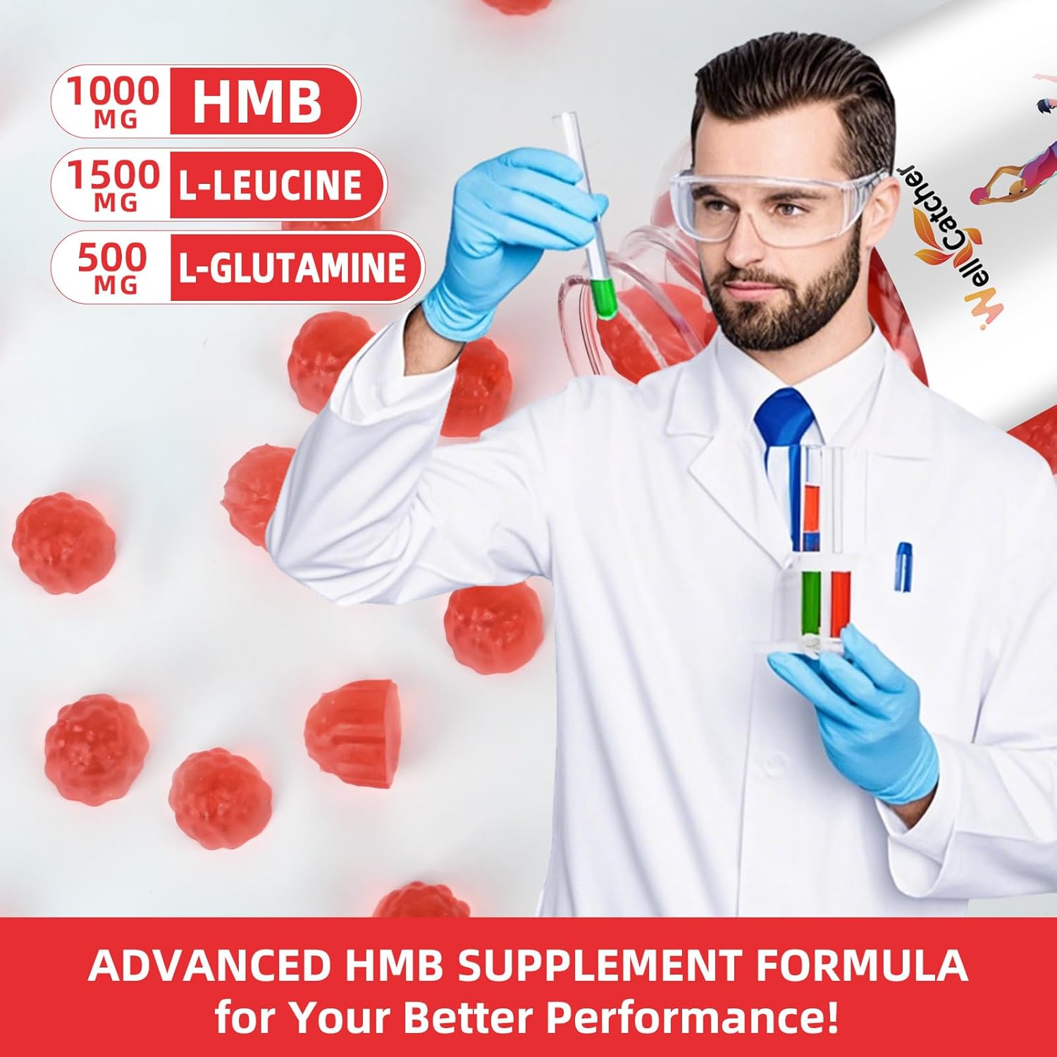HMB and Leucine Gummies Supplements: HMB and Leucine Amino Acid for Men Women with L-Glutamine for Muscle Growth Fast Workout Recovery, Sugar Free Vegan Non-GMO Strawberry Flavored 30 Day Supply