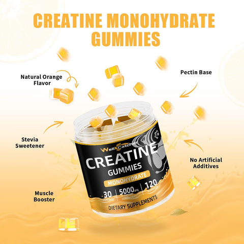 Creatine Monohydrate Gummies for Men Women - Vegan Creatine Supplement Gummies 5000mg Chewable for Muscle Strength Growth Recovery, Lab Tested Preworkout Gummies Sugar Free Orange Flavor 120ct