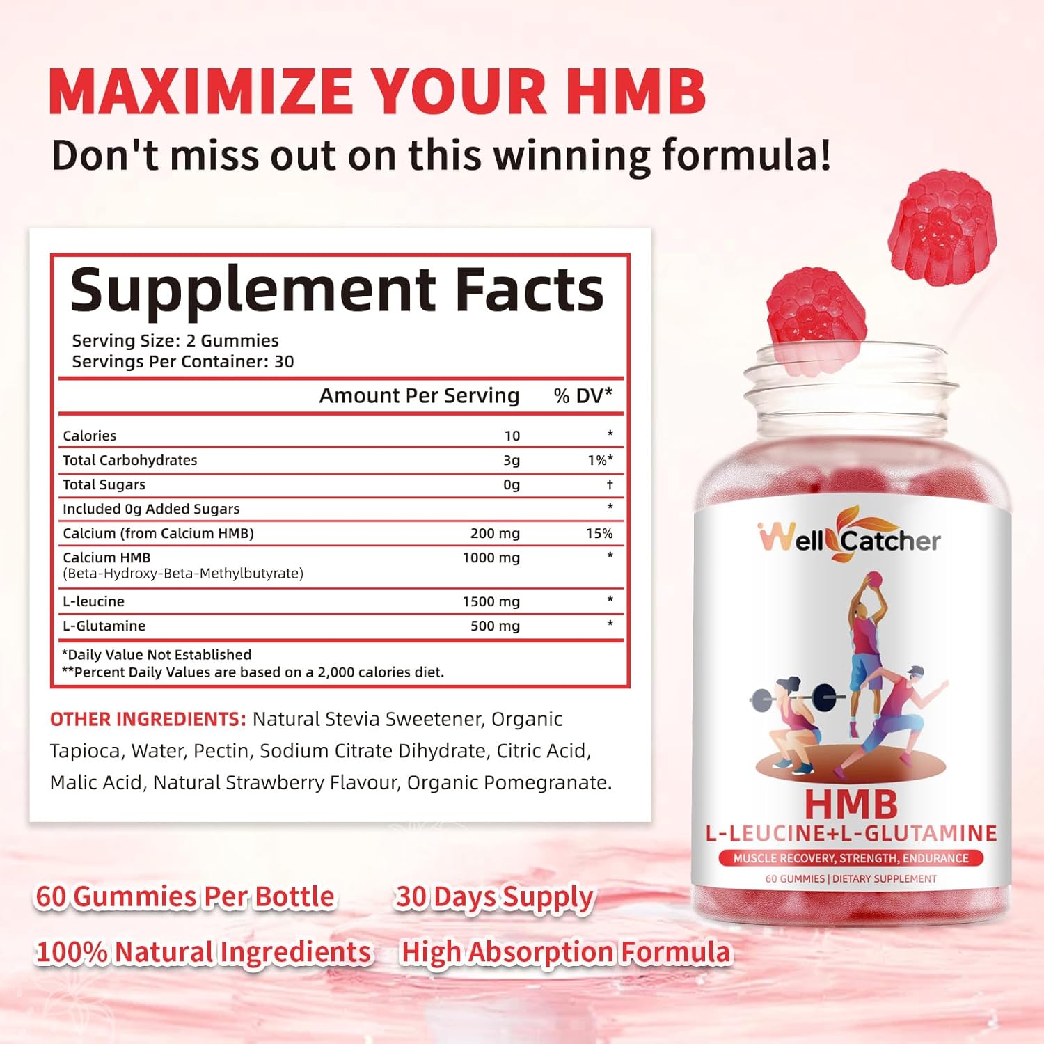 HMB and Leucine Gummies Supplements: HMB and Leucine Amino Acid for Men Women with L-Glutamine for Muscle Growth Fast Workout Recovery, Sugar Free Vegan Non-GMO Strawberry Flavored 30 Day Supply
