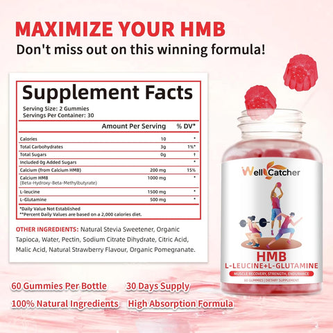 HMB and Leucine Gummies Supplements: HMB and Leucine Amino Acid for Men Women with L-Glutamine for Muscle Growth Fast Workout Recovery, Sugar Free Vegan Non-GMO Strawberry Flavored 30 Day Supply