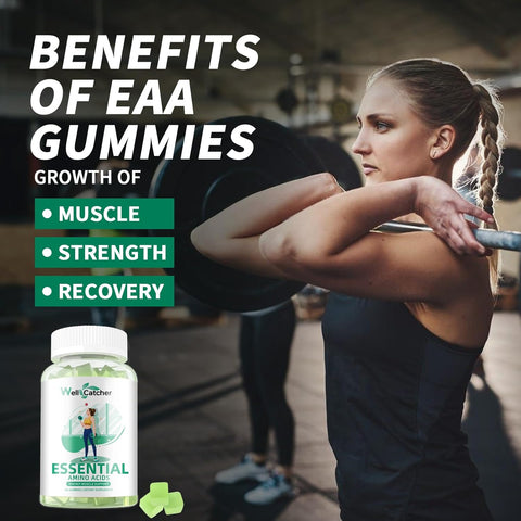 EAA Gummies Essential Amino Acids - 60 Days Supply All 9 Essential Aminos and All Branched-Chain Aminos (BCAAs) Sugar Free with Muscle Recovery Energy Support Non GMO Green Apple Flavor