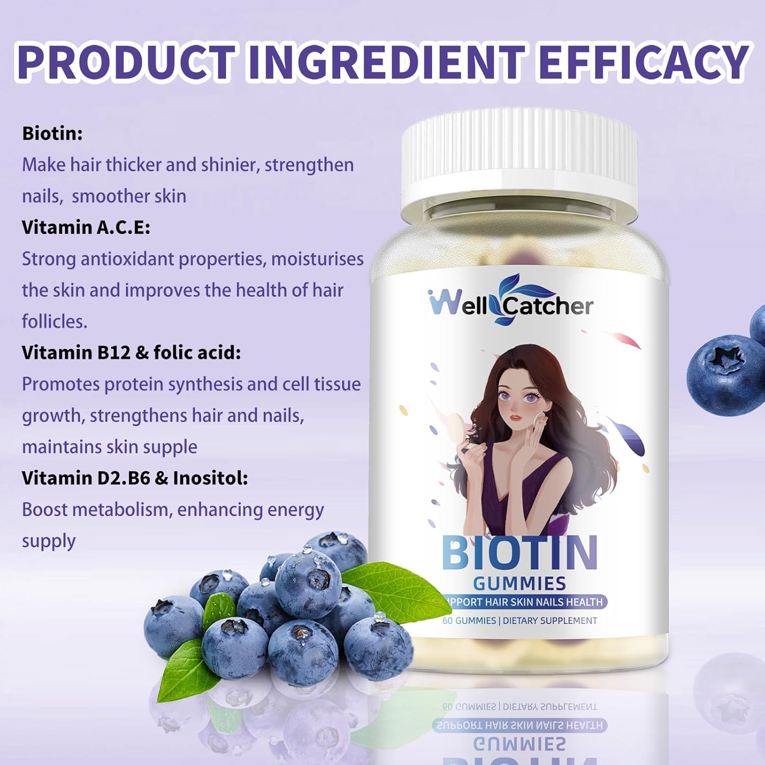 Biotin Gummies for Hair Growth - Biotin Gummies for Strong Hair Nail Skin with Multivitamin Sugar Free Vegan Chewable Hair Growth Gummy for Women Men Kids Blueberry Flavored 60-Day Supply
