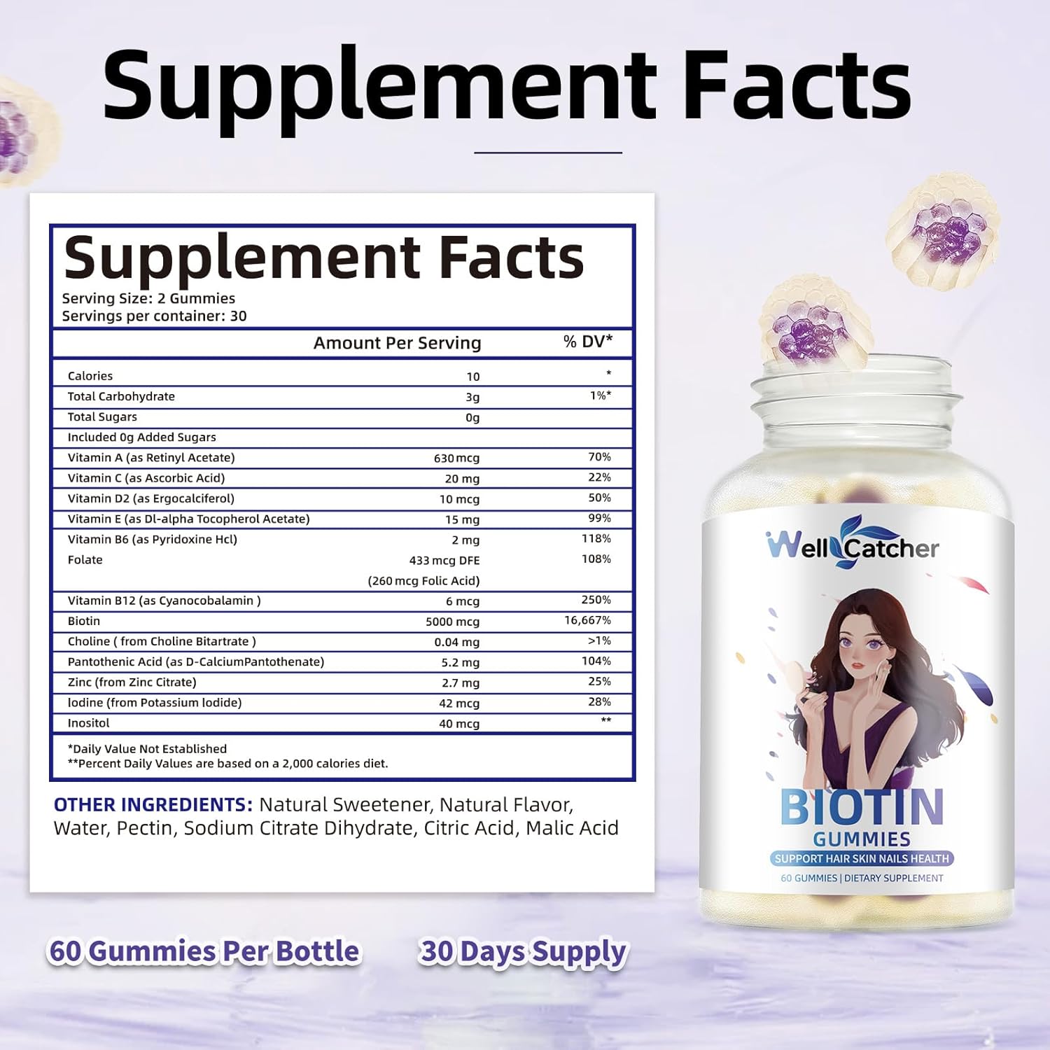 Biotin Gummies for Hair Growth - Biotin Gummies for Strong Hair Nail Skin with Multivitamin Sugar Free Vegan Chewable Hair Growth Gummy for Women Men Kids Blueberry Flavored 60-Day Supply