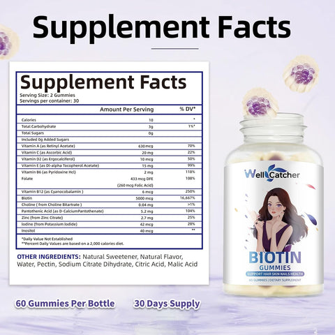 Biotin Gummies for Hair Growth - Biotin Gummies for Strong Hair Nail Skin with Multivitamin Sugar Free Vegan Chewable Hair Growth Gummy for Women Men Kids Blueberry Flavored 60-Day Supply