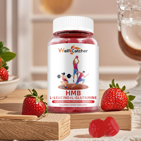 HMB and Leucine Gummies Supplements: HMB and Leucine Amino Acid for Men Women with L-Glutamine for Muscle Growth Fast Workout Recovery, Sugar Free Vegan Non-GMO Strawberry Flavored 30 Day Supply