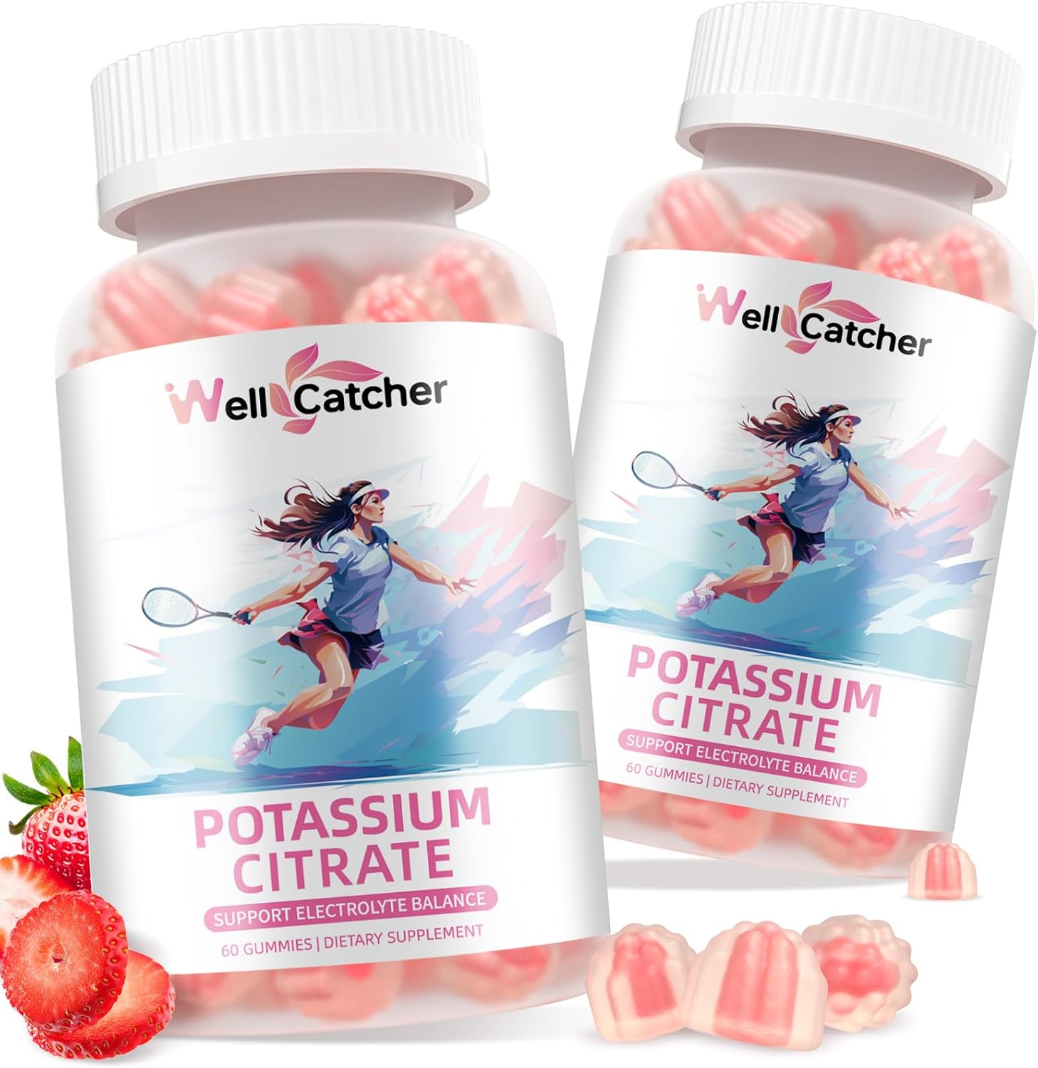 Potassium Gummies Supplement Men Women - High Potassium Citrate Gummies Sugar Free for Adults Kids Support Leg Cramps Electrolyte Balance Vegan Non-GMO Organic Strawberry Flavor 60 Counts