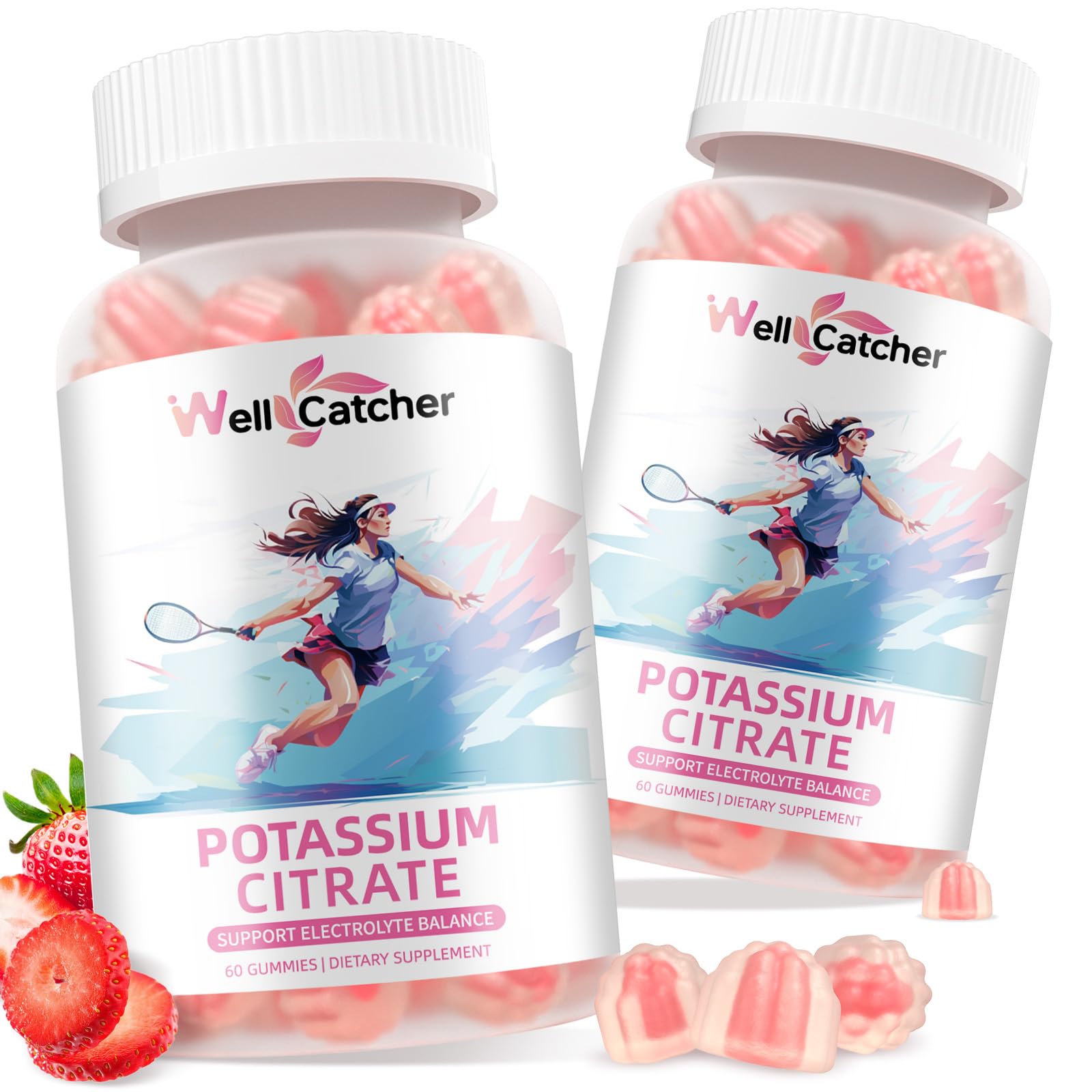 Potassium Gummies Supplement Men Women - High Potassium Citrate Gummies Sugar Free for Adults Kids Support Leg Cramps Electrolyte Balance Vegan Non-GMO Organic Strawberry Flavor 60 Counts