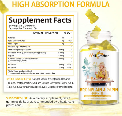 Bromelain Papain Enzyme Gummies Supplement: Bromelain 500MG with Querectin Gummies for Adults Kids, Organic Bromelain Papaya Enzymes Chewable for Digestive Support Immunity Antioxidant Vegan 60CT