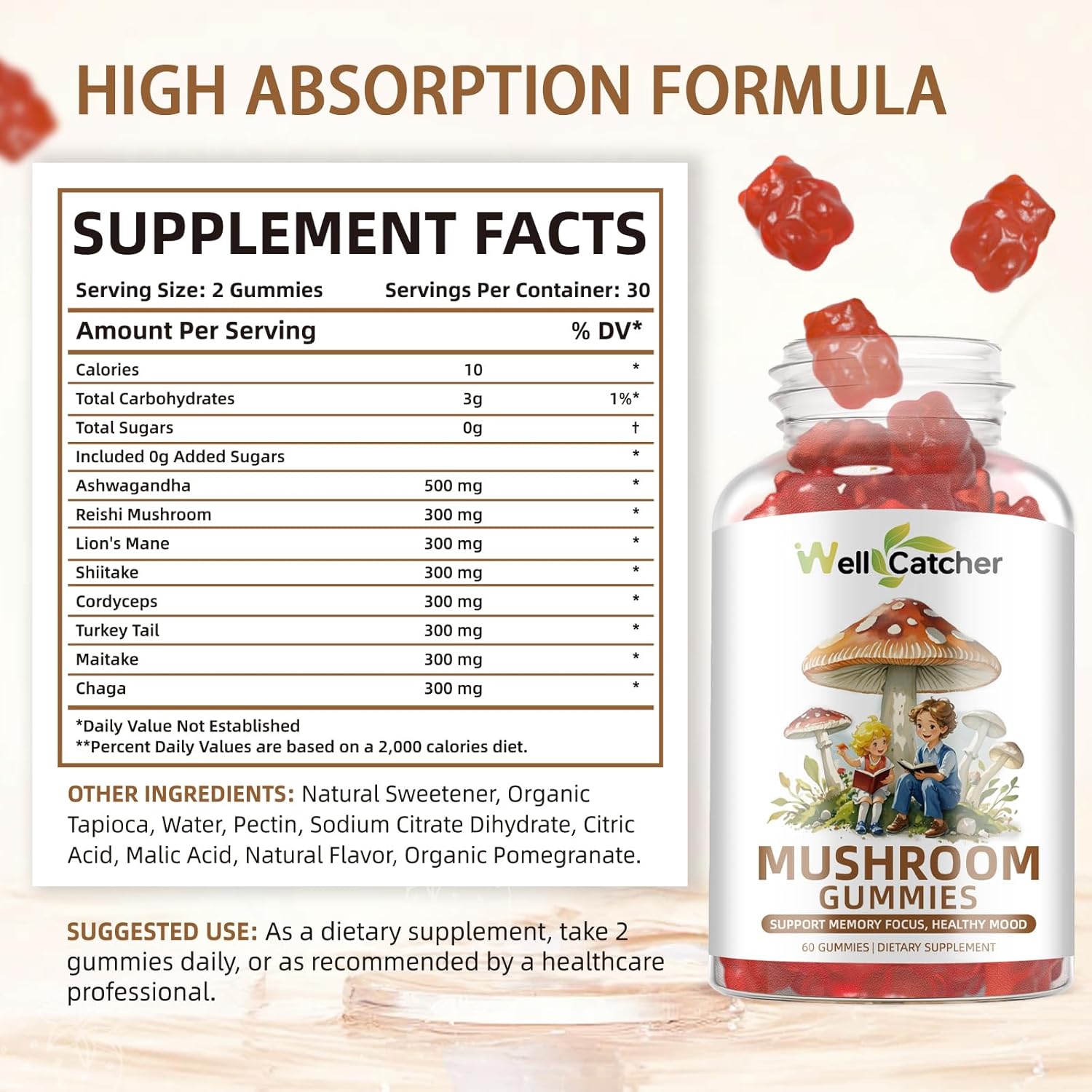 Mushroom Gummies Supplement with Ashwagandha - Lion Mane Mushroom Supplement for Adults Kids with Reishi Cordyceps Brain Supplements for Memory and Focus Organic Vegan Non GMO Mixed Fruit Flavor 60CT